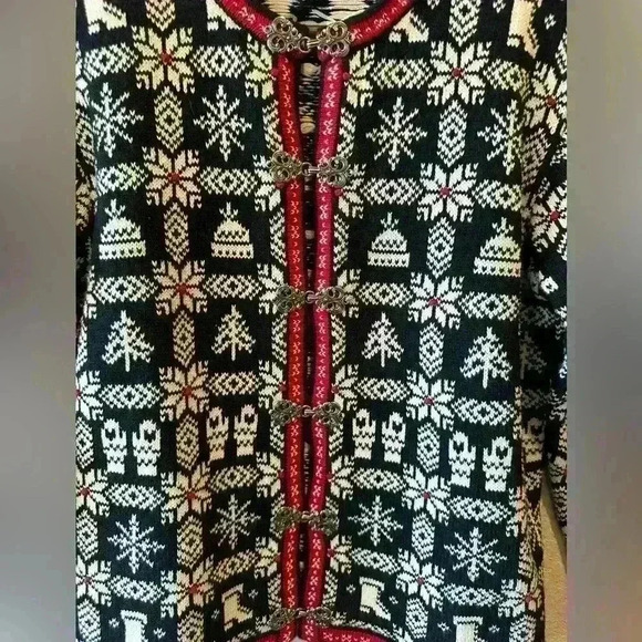 Talbots Women’s Size S Nordic Fair Isle Holiday Blk/Wht‎ Buckle Cardigan Sweater - Picture 3 of 10